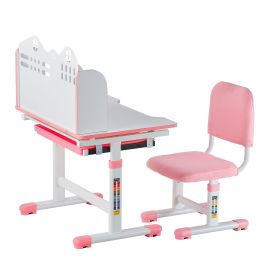 Kids Study Chair and Desk Set, Study Desk and Chair for Kids with Bookshelf and Storage Drawer, Adjustable Height Kids Study Desk with Chair