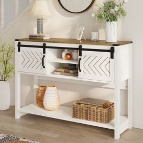 Farmhouse Entryway Table with Drawers, 46" Console Table with Sliding Barn Door, Wood Rustic Sofa Table with Adjustable Shelf for Living Room, Fo
