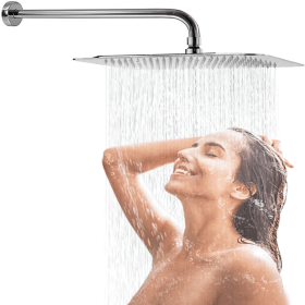 12 Inch Chrome Rain Shower Head, Square Ultra Thin 304 Stainless Steel High Pressure Shower Head Waterfall Full Body Coverage Waterfall Shower He