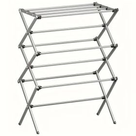 Foldable Adjustable Metal Clothes Drying Rack with Hooks and Shelves, Freestanding Indoor/Outdoor Space-Saving Laundry Organizer